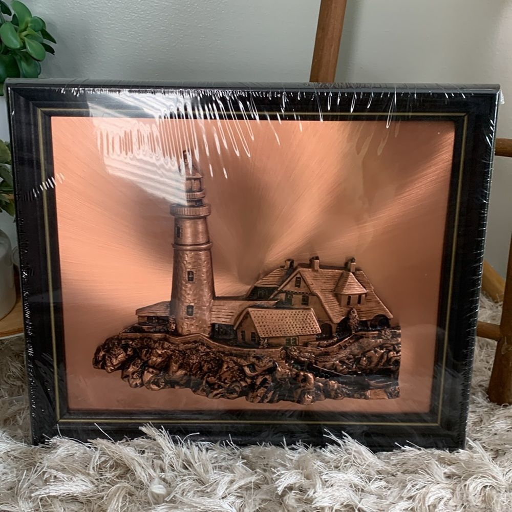 Vintage Copper Lighthouse 3D Framed Art Artist Jager Signed Wall‎ Decor